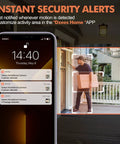 Solar Powered Outdoor Security Camera With 2.5K Color Night Vision app notification alert showing person detection on porch.