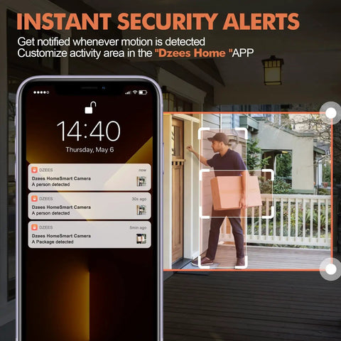 Solar Powered Outdoor Security Camera With 2.5K Color Night Vision app notification alert showing person detection on porch.