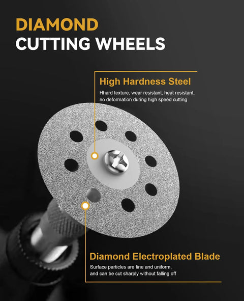 Heavy Duty Knockout 32 Piece Rotary Tool Accessory Kit featuring diamond grit cutting wheel made of high hardness steel.