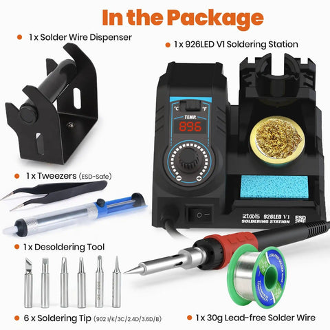 Big Power 110W Soldering Station Kit with wire dispenser, tweezers, six tips, and lead-free solder on white background.