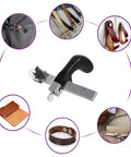 Leather Strap Cutter With Adjustable Blade And Three Blades, Aluminum Handle With Non Slip Grip, hat brim cutter displayed.