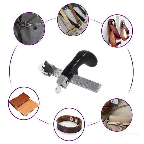 Leather Strap Cutter With Adjustable Blade And Three Blades, Aluminum Handle With Non Slip Grip, hat brim cutter displayed.