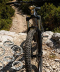 Mountain bike on trail with Five Sets Of Ten Types Bike Bearing Kit With Headset Retainers for crank and caged wheel repairs.