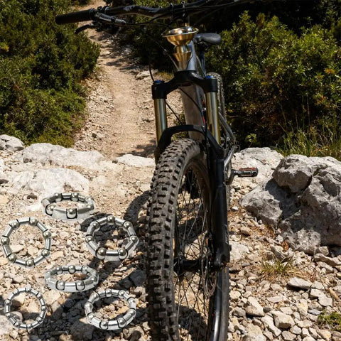 Mountain bike on trail with Five Sets Of Ten Types Bike Bearing Kit With Headset Retainers for crank and caged wheel repairs.