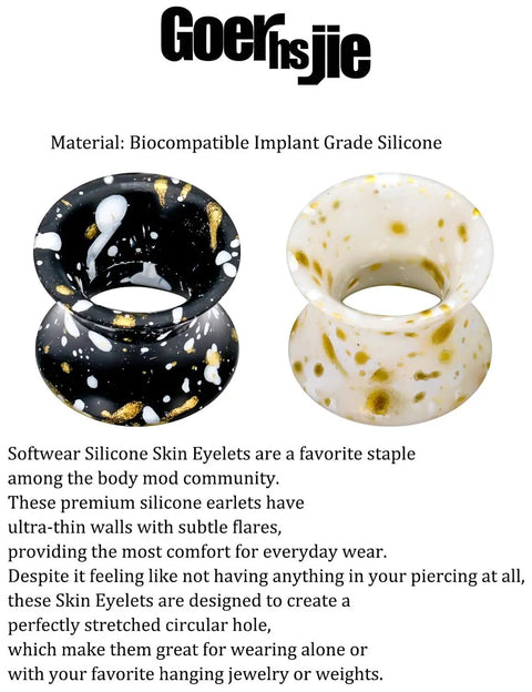 Silicone ear gauges with black and white speckled pattern, biocompatible implant grade for stretching 10mm 00G ears