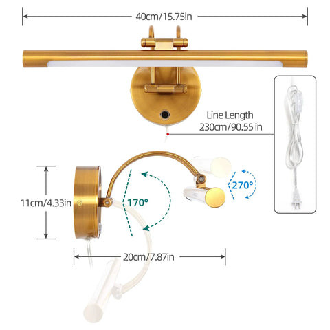 Brass 16 Inch LED Vanity Light Dimmable Wall Sconce With Adjustable Arm Plug In Bedside Reading Lamp dimensions.