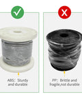 Comparison of durable ABS spool next to a fragile PP spool for Vinyl Coated One Eighth Inch 304 Stainless Steel Wire Rope Kit With One Hundred Feet Of Seven By Seven Cable And Turnbuckles For Outdoor String Lights Hanging Tents Pergolas And Garden Decor Easy Install Durable Weatherproof DIY Kit