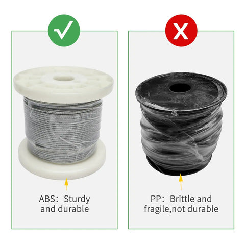 Comparison of durable ABS spool next to a fragile PP spool for Vinyl Coated One Eighth Inch 304 Stainless Steel Wire Rope Kit With One Hundred Feet Of Seven By Seven Cable And Turnbuckles For Outdoor String Lights Hanging Tents Pergolas And Garden Decor Easy Install Durable Weatherproof DIY Kit