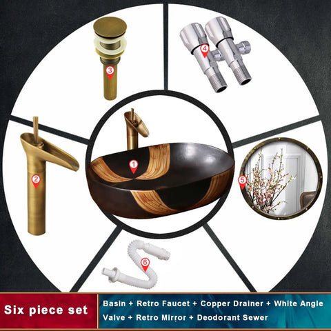 SDVantage Ceramic Bathroom Vessel Sink, Artistic Carved Countertop Basin Sink Black 59 * 40 * 15Cm shown with faucet and accessories.