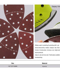 15 Pc High Grade 150x105mm Hook Loop Sandpaper Kit With 40 To 1000 Grits For Multi Sanders displayed with sanding pad and sander.