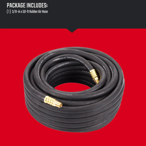Heavy Duty Rubber Air Hose Three Eighths Inch By Fifty Feet, 300 PSI, Oil And Abrasion Resistant, coiled with connectors