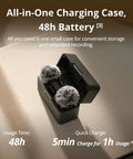 Open black charging case with two microphones inside, showcasing the Small But Mighty Wireless Lavalier Microphone System for iPhone, Android, and Cameras.