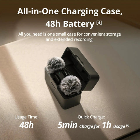 Open black charging case with two microphones inside, showcasing the Small But Mighty Wireless Lavalier Microphone System for iPhone, Android, and Cameras.