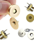 Close-up of 20-Set 3/4 Inch Magnetic Button Snaps Kit For Purses, Bags And Clothes Repair, antique brass and silver fasteners.