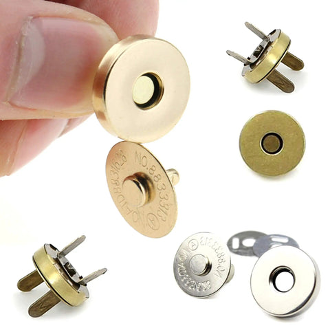 Close-up of 20-Set 3/4 Inch Magnetic Button Snaps Kit For Purses, Bags And Clothes Repair, antique brass and silver fasteners.
