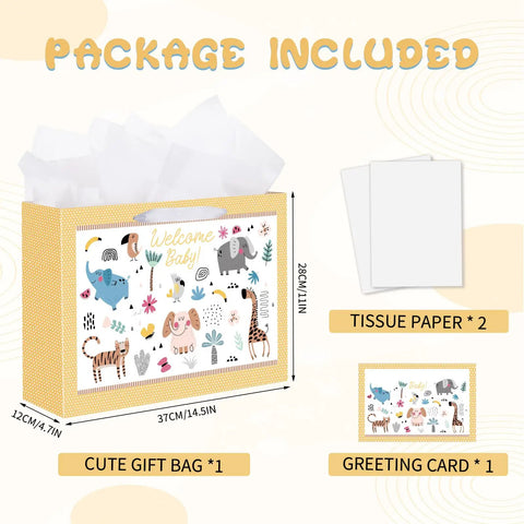 14.5 Inch Unisex Baby Gift Bag Set With Tissue Paper And Greeting Card For Baby Shower And Birthday Parties Cute Animal Design