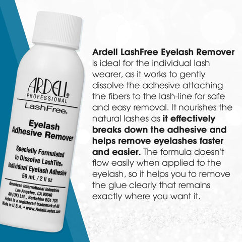 Bottle of Ardell LashFree Eyelash Remover, formulated to dissolve lash adhesive effectively, shown on a blue background