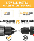Comparison between all-metal chuck and plastic chuck, showing the durability and capacity of a 1/2" cordless drill kit.