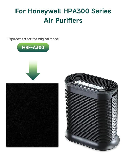 Image showing Six Pack Carbon Pre Filter For Honeywell HPA300 Series Air Purifiers HRF-A300 Replacement beside purifier.