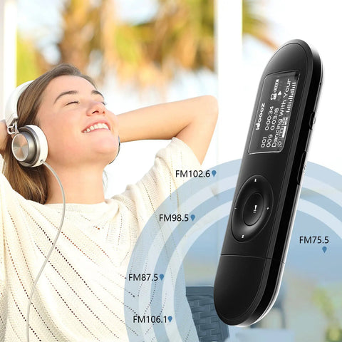 Woman enjoying music with 8GB USB MP3 Player With FM Radio Expandable To 32GB, Lossless Sound Quality for sports and jogging