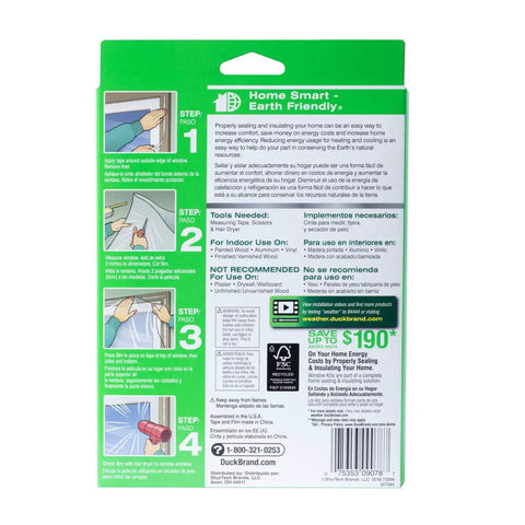 Packaging of Indoor Window Shrink Film Insulation Kit For Ten Windows with instructions and benefits highlighted.