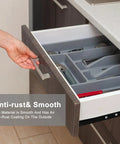 Heavy Duty 12 Inch Metal Drawer Slides Full Extension Ball Bearing Cabinet Rails For Dressers And Kitchen Drawers Featuring Rock Solid 100 Lb Support and Silky Smooth Silent Glide Operation Built Like A Tank, drawer opening with utensils visible.