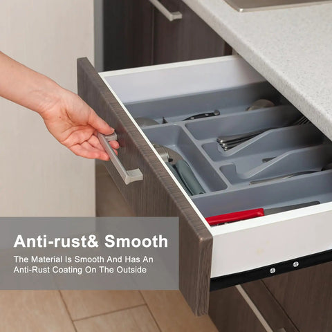 Heavy Duty 12 Inch Metal Drawer Slides Full Extension Ball Bearing Cabinet Rails For Dressers And Kitchen Drawers Featuring Rock Solid 100 Lb Support and Silky Smooth Silent Glide Operation Built Like A Tank, drawer opening with utensils visible.