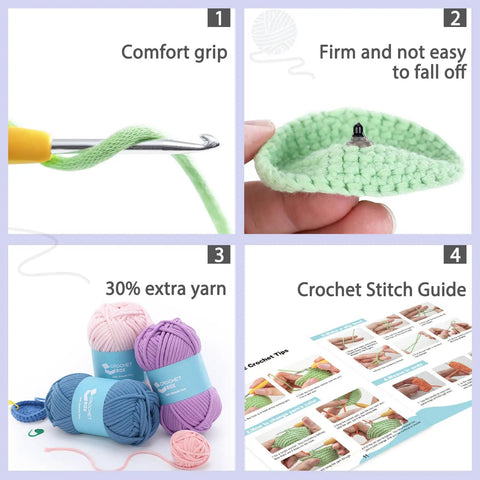 Owl Crochet Kit For Beginners DIY Friendly No Fuss includes tools, yarn, comfort grip hook, crochet stitch guide, safety eyes setup.