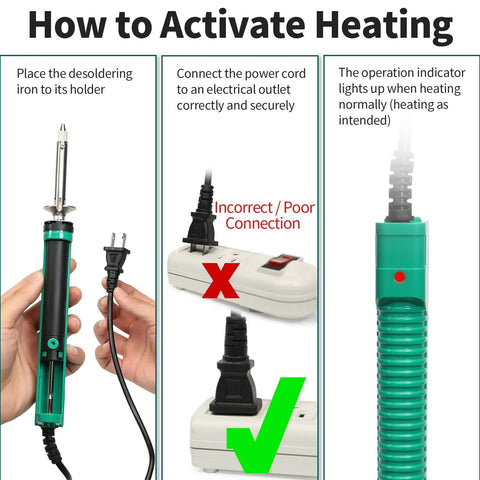 Instructions to activate heating for Desoldering Soldering Iron Kit With Solder Sucker Pump Auto Temperature Regulation Shorter Handle.