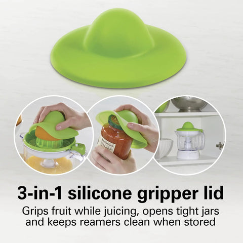 Hamilton Beach 34 Oz Electric Citrus Juicer With Silicone Gripper Lid showing 3-in-1 silicone lid for juicing and jar opening.