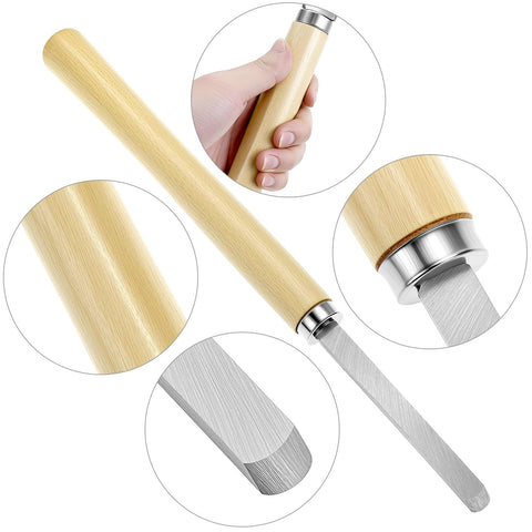 Close-up of handle and blade detail of Eight Piece Wood Turning Chisel Set With Lathe Tools, Pro Grade Triple Tempered Chromium Vanadium Steel