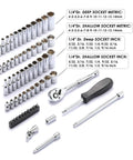 62-Piece One Quarter-Inch Drive Socket Set With Ratchets Universal Joint Extensions And Bits SAE And Metric Six-Point Sockets