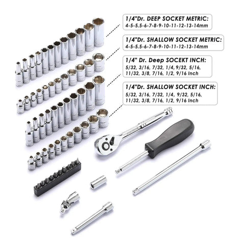 62-Piece One Quarter-Inch Drive Socket Set With Ratchets Universal Joint Extensions And Bits SAE And Metric Six-Point Sockets
