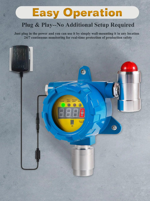 Fixed gas detector with blue housing, digital readout, and red warning beacon.