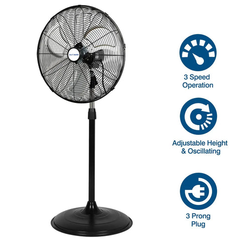 Powerful 20 Inch High Velocity Industrial Pedestal Fan With 5200 CFM, 3 Speed Oscillating Stand, Heavy Duty Metal Construction