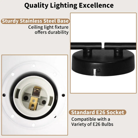 Close-up views of Four Light Black Industrial Track Lighting Fixture's stainless steel base and E26 socket details