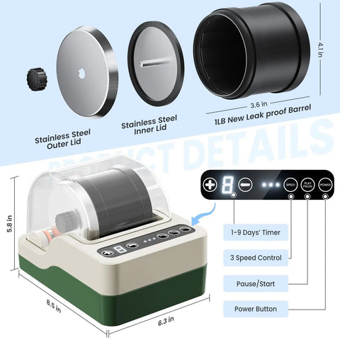 Diagram of Ultra Quiet Rock Tumbler Kit With Noise Reduction Cover, highlighting 1LB barrel, stainless components, 9-day timer, controls.