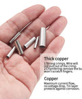 120 Pcs Non Insulated Butt Connectors For 22 To 16 Gauge Wire held in hand, showcasing seamless crimp ferrule terminals, copper tin plated