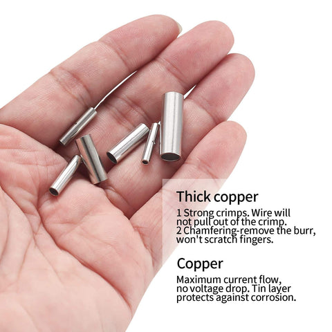120 Pcs Non Insulated Butt Connectors For 22 To 16 Gauge Wire held in hand, showcasing seamless crimp ferrule terminals, copper tin plated