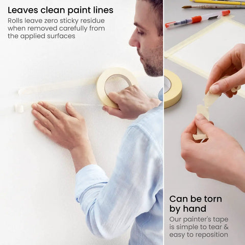 Person applying six roll masking tape pack 0.75 inch by 60 yards multi surface paper tape for painting walls, leaves no residue