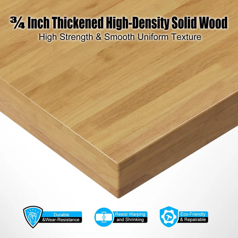 Close-up of the thickened solid wood top of the Beefy 60 Inch Heavy Duty Solid Wood Work Bench On Wheels With Adjustable Height And Built In Power Outlets, 3000 Lbs Capacity Portable Workstation For Garage And Workshop.