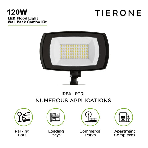 120W LED Flood Light Wall Pack Combo Kit, rectangular light mounted on a bracket, ideal for parking lots and loading bays.