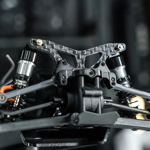 Beefed Up Carbon Fiber Front Shock Tower and Aluminum Oil Shocks Upgrade for Losi Micro B and Micro T RC Cars close-up view