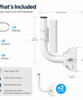 Rock Solid Universal Wireless Bridge Bracket Mount 2 Pack 150 Degree Adjustable Antenna J Pole Mount with hardware specifications.