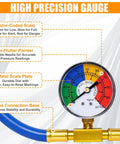 High precision gauge with color-coded scale on R134A Car AC Refrigerant Charge Hose Kit With Gauge And Built In Safety Valve.