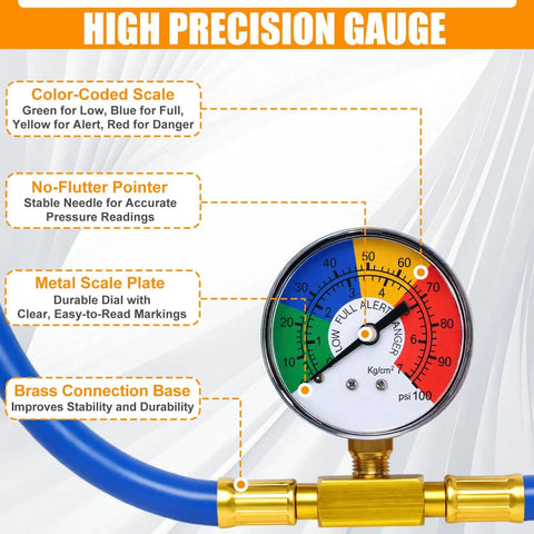 High precision gauge with color-coded scale on R134A Car AC Refrigerant Charge Hose Kit With Gauge And Built In Safety Valve.