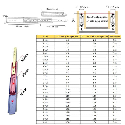 Image of Full Extension Ball Bearing Drawer Runners With Soft Close Cabinet Slides dimensions and size guide for kitchen and office drawers.