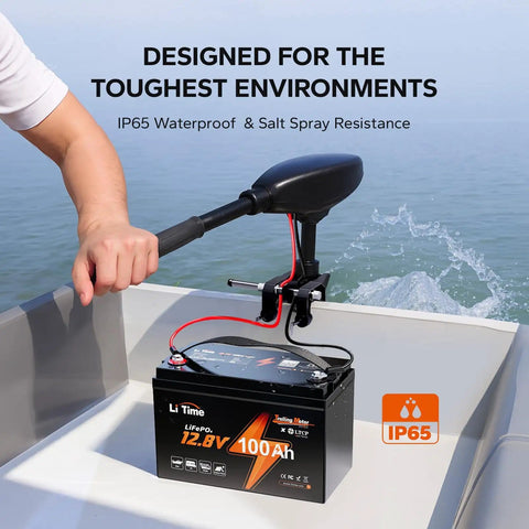12V 100Ah LiFePO4 Marine Battery powering trolling motor on boat, waterproof IP65, ideal for tough environments