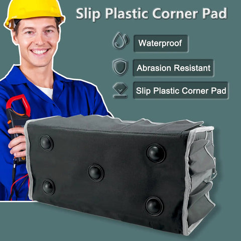 Slip plastic corner pad with black buttons, waterproof and abrasion-resistant, held by a man in blue attire and yellow helmet.