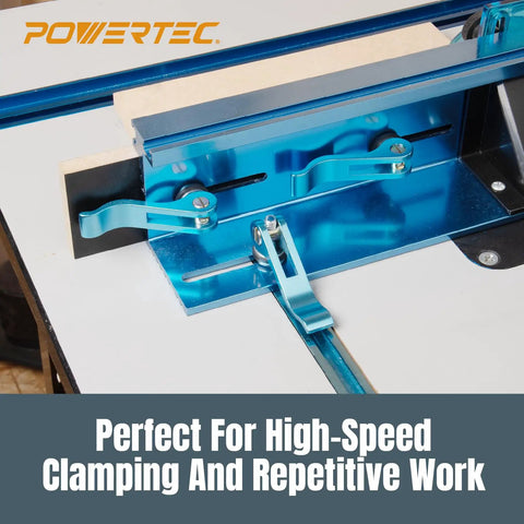 No Sweat 5/16 18 Cam Clamps 4 Pack With 3 Inch T Slot Bolts Quick Release Lever Clamp for router table, showcasing blue anodized levers.